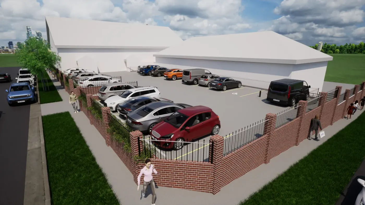 Render 1 of 4: off-street car park with brick boundary fence and stair and lift access, Arncliffe