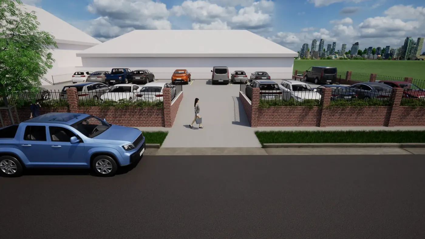 Render 2 of 4: off-street car park with brick boundary fence and stair and lift access, Arncliffe
