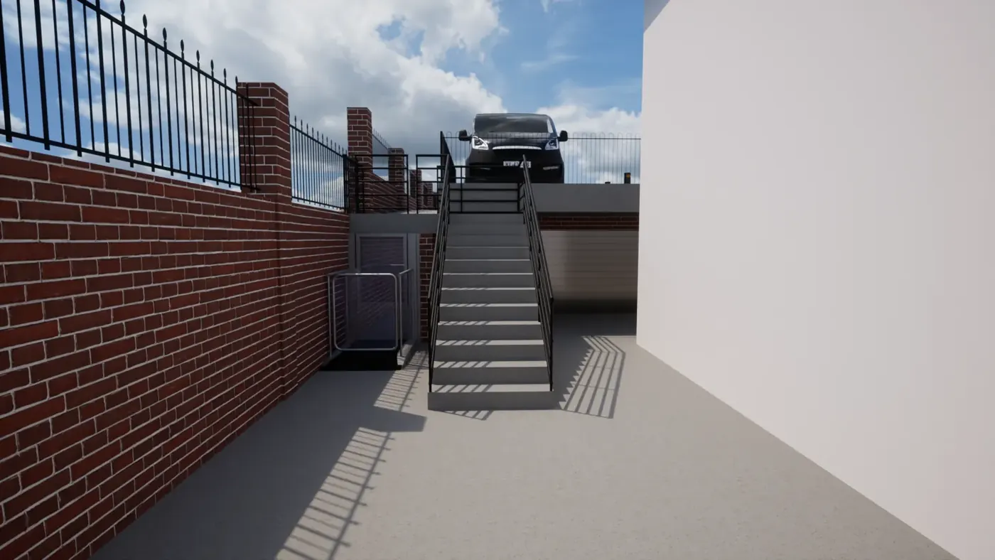Render 4 of 4: off-street car park with brick boundary fence and stair and lift access, Arncliffe