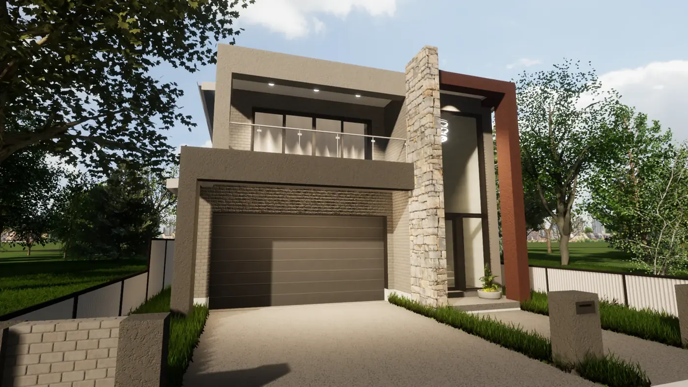 Render 1 of 6: two-storey house with stone feature wall and balcony, Austral