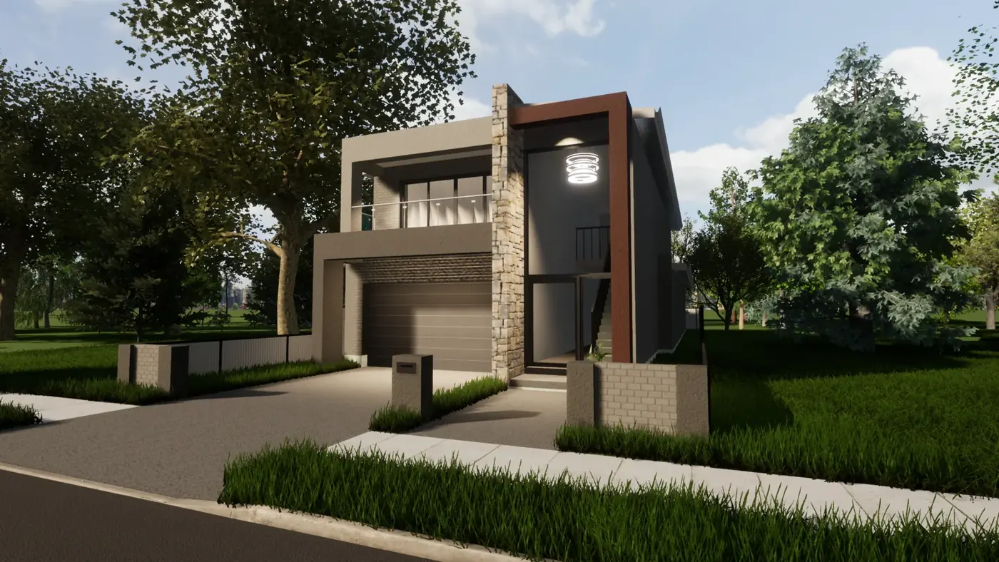Render 2 of 6: two-storey house with stone feature wall and balcony, Austral