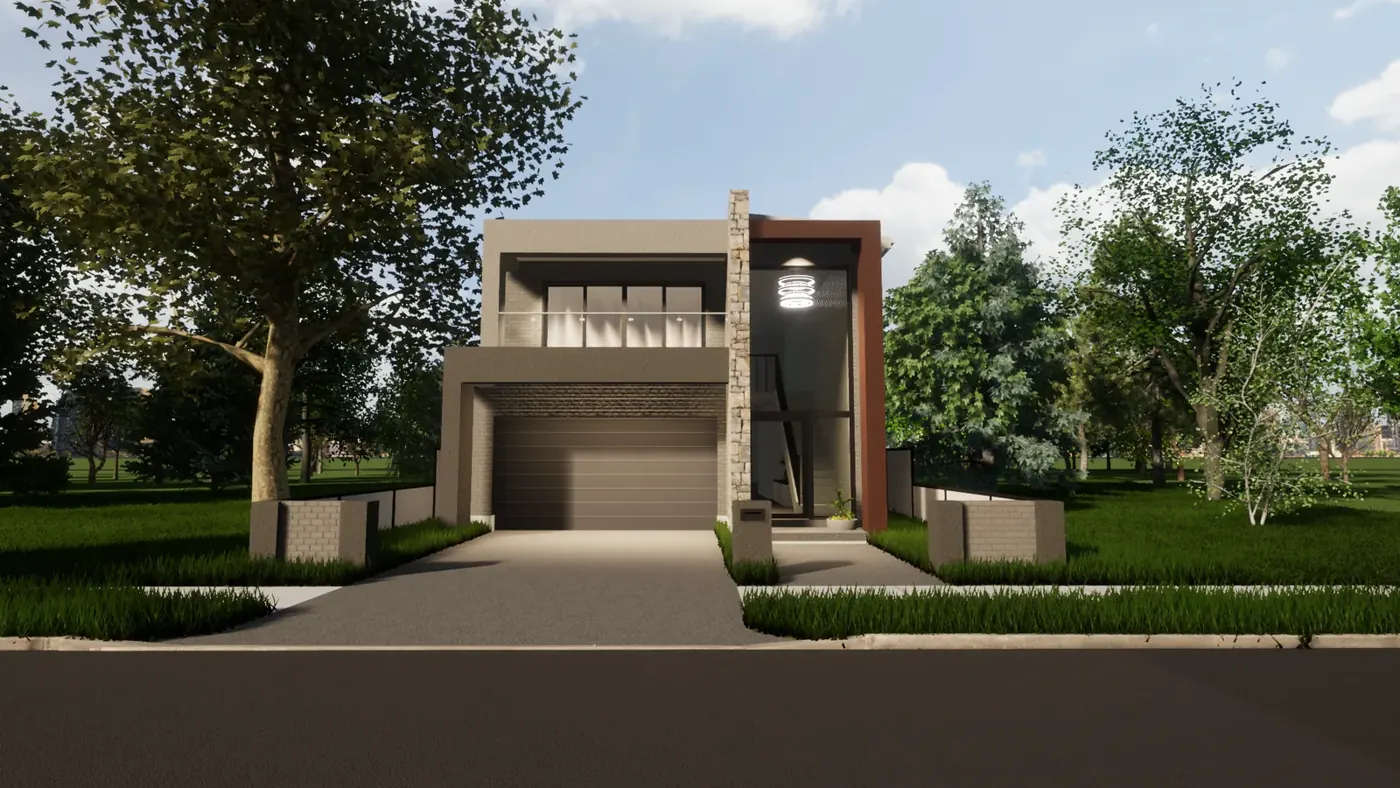 Render 3 of 6: two-storey house with stone feature wall and balcony, Austral