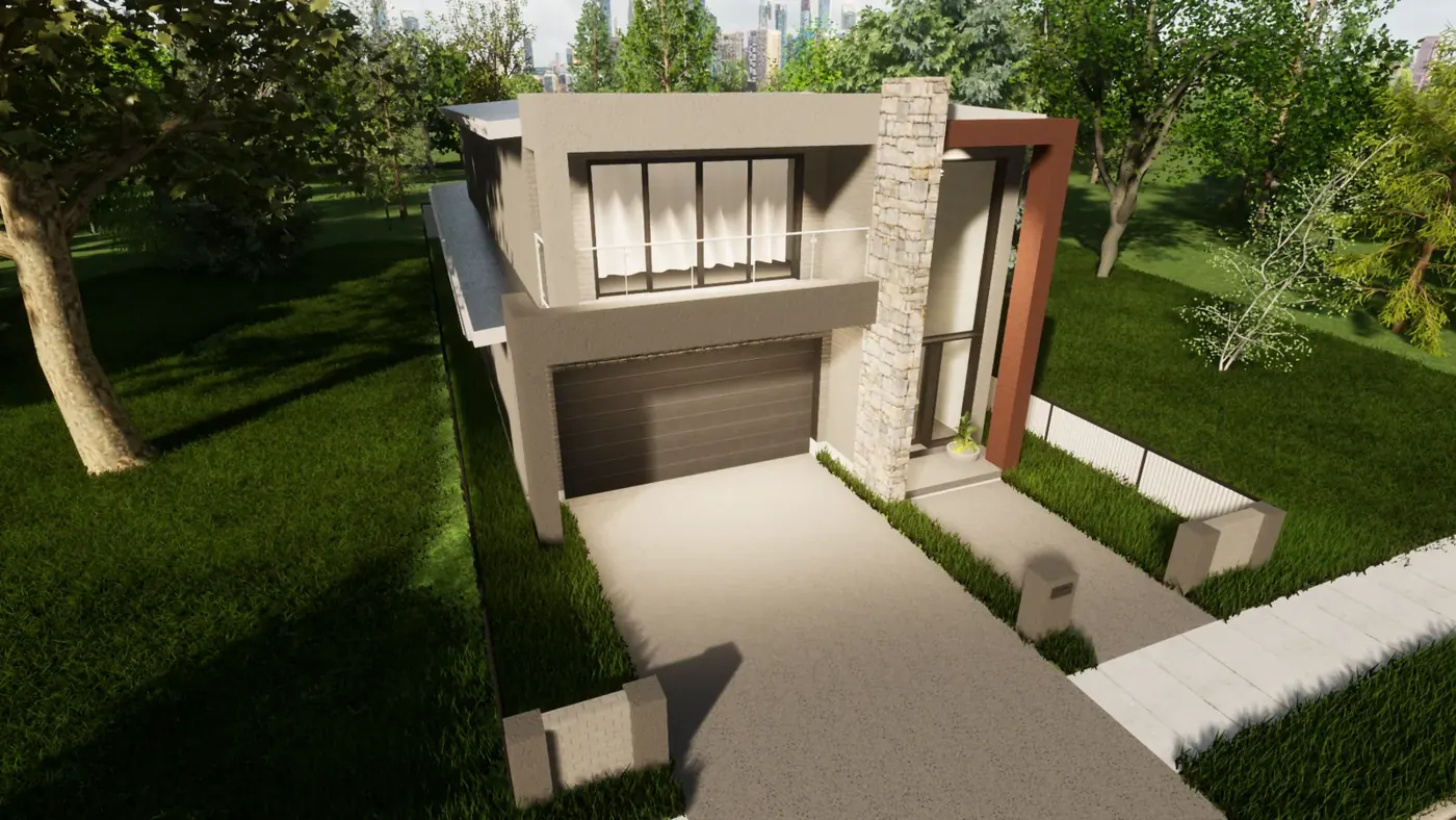 Render 4 of 6: two-storey house with stone feature wall and balcony, Austral