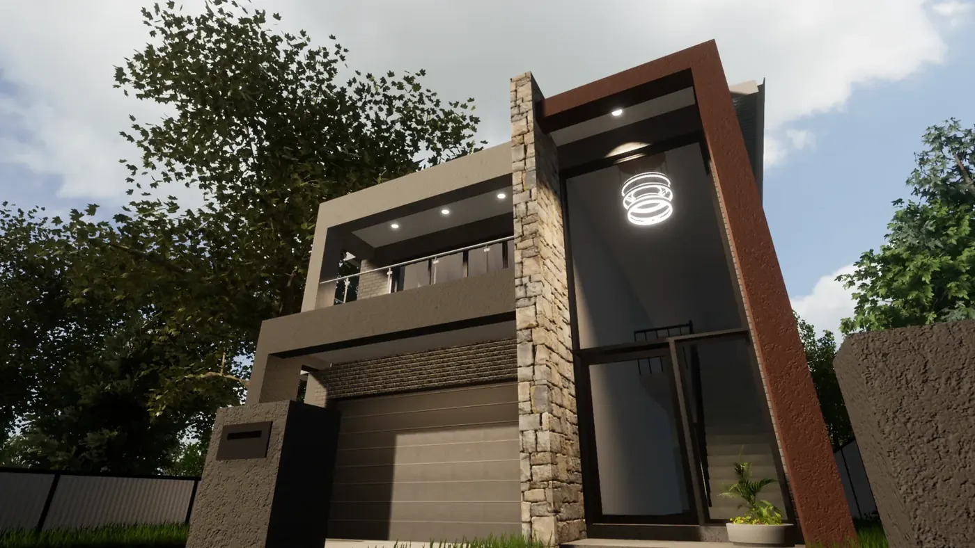 Render 5 of 6: two-storey house with stone feature wall and balcony, Austral
