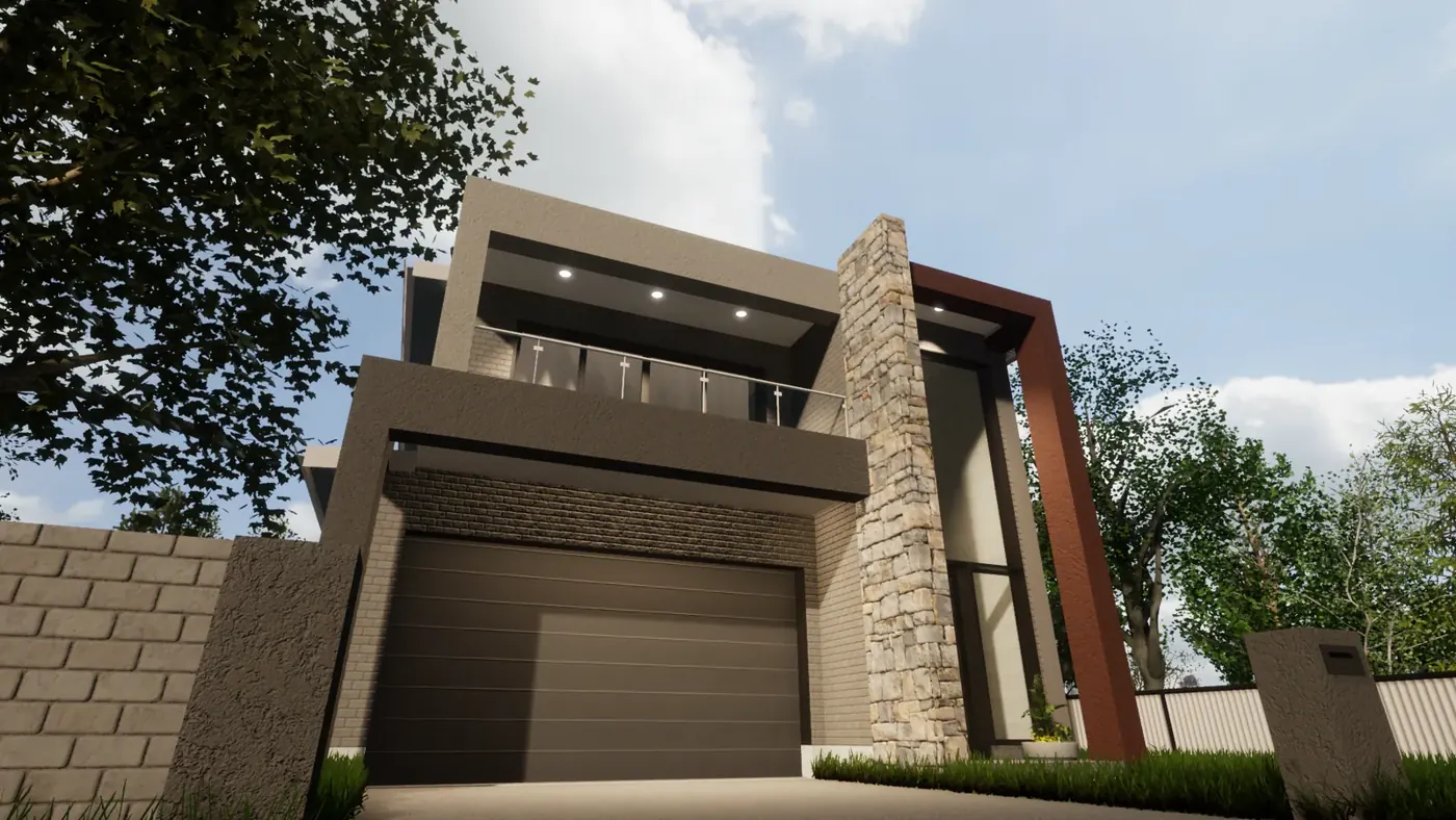Render 6 of 6: two-storey house with stone feature wall and balcony, Austral