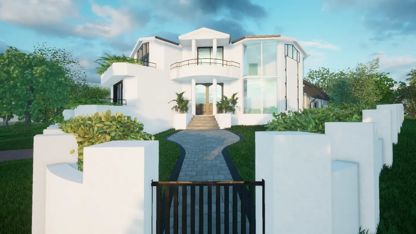 Render 1 of 8: white contemporary house with planted terraces, glazed stair tower and rear pool, Blakehurst