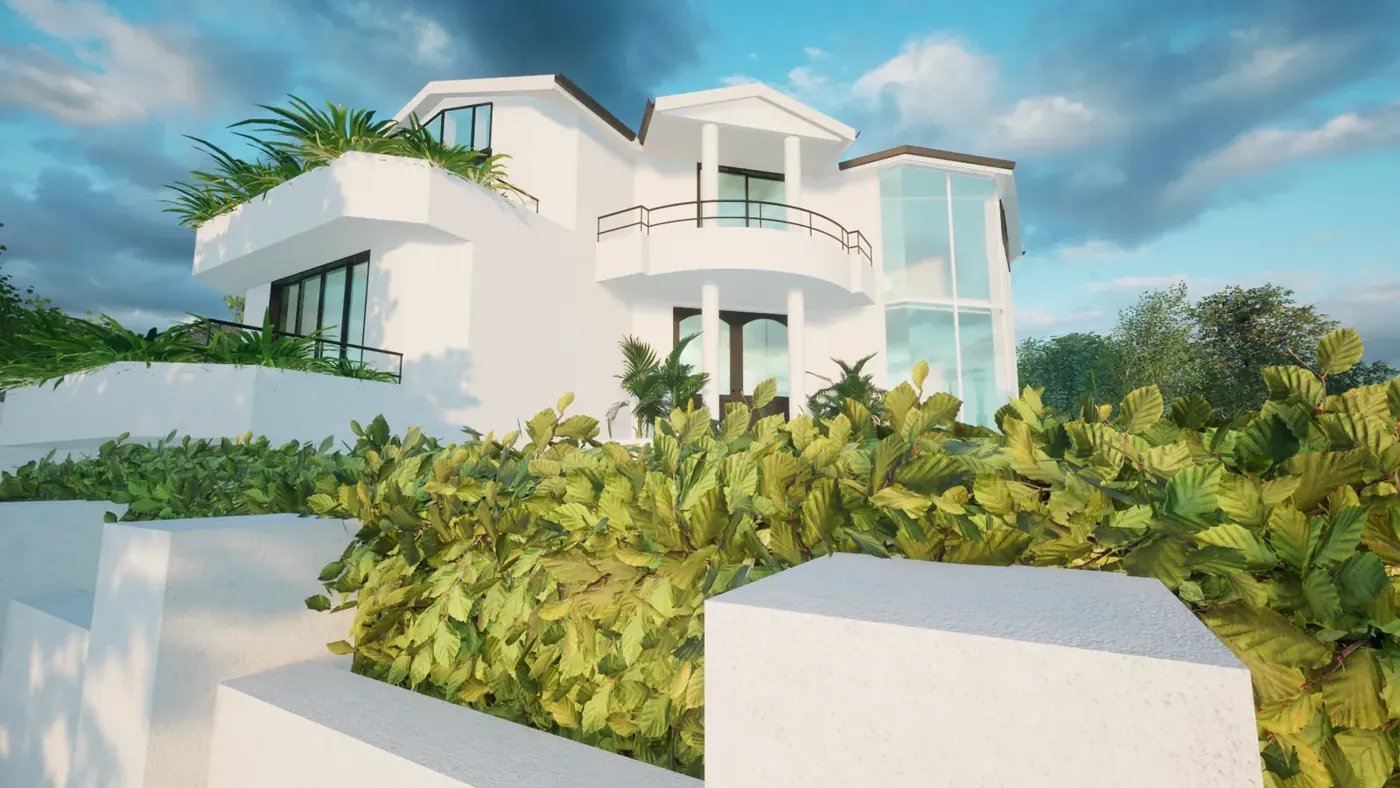 Render 2 of 8: white contemporary house with planted terraces, glazed stair tower and rear pool, Blakehurst