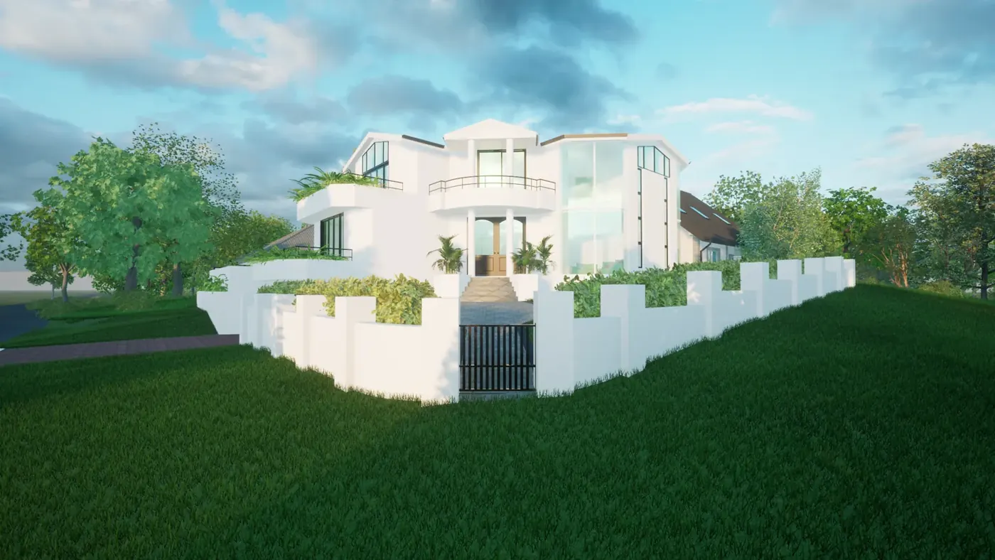 Render 3 of 8: white contemporary house with planted terraces, glazed stair tower and rear pool, Blakehurst