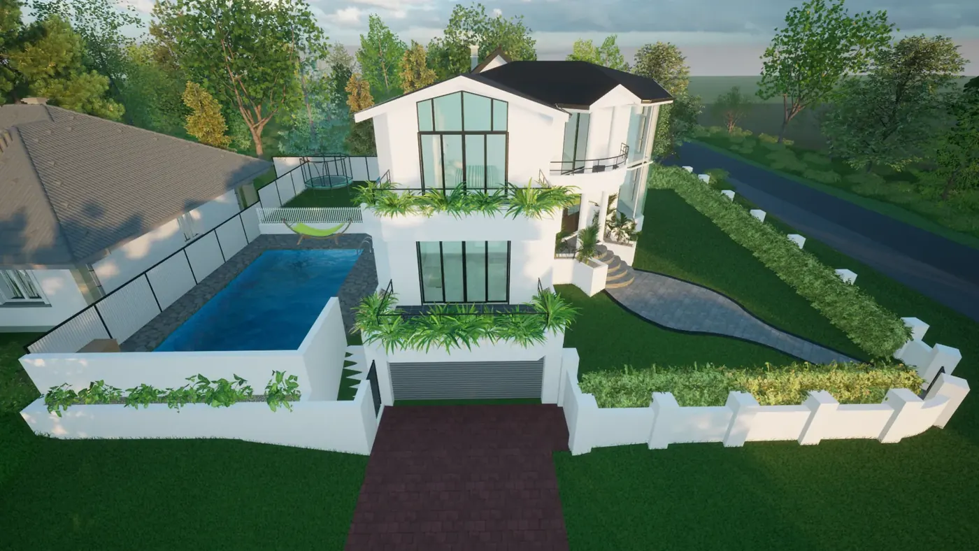 Render 4 of 8: white contemporary house with planted terraces, glazed stair tower and rear pool, Blakehurst