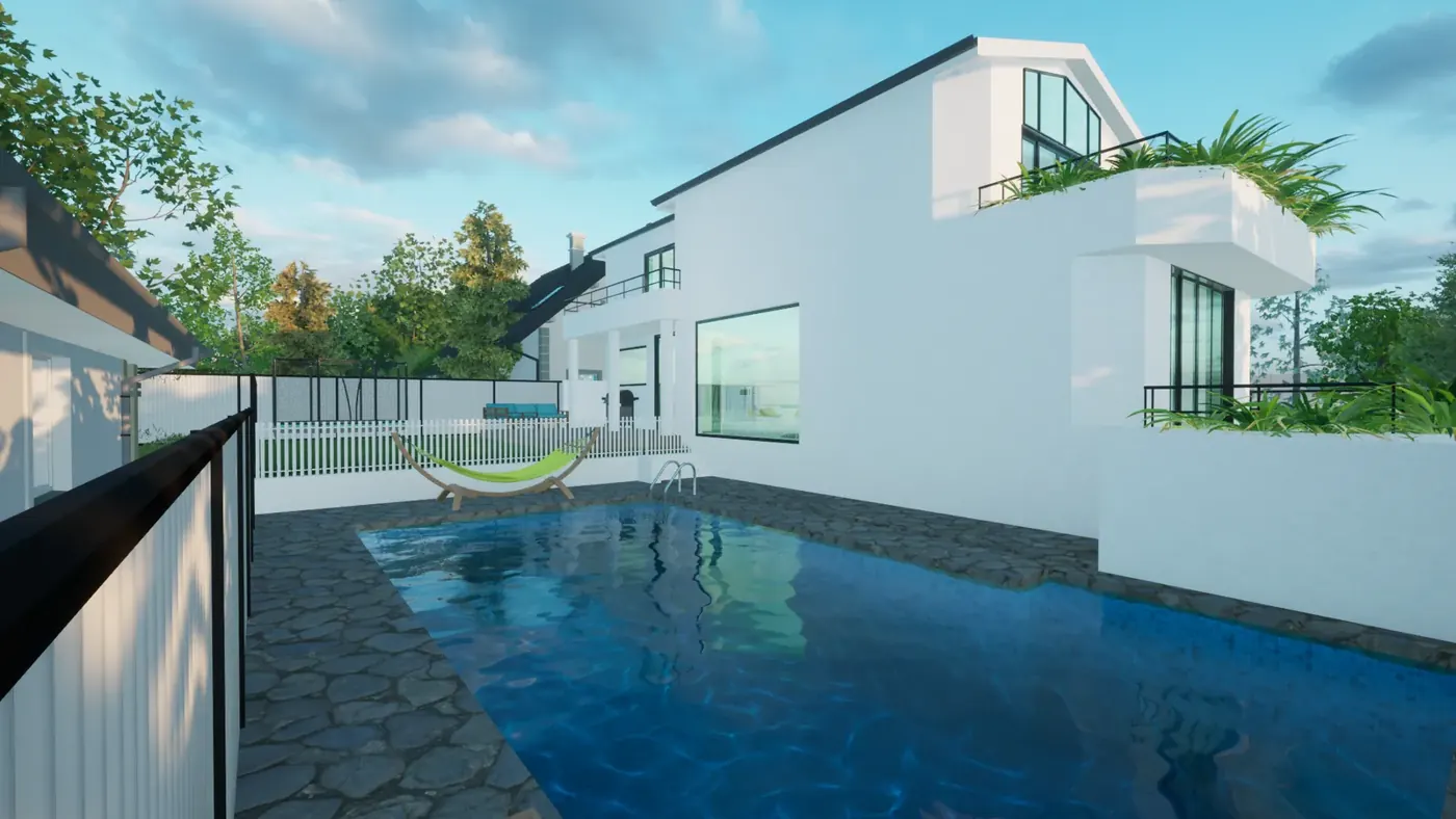 Render 5 of 8: white contemporary house with planted terraces, glazed stair tower and rear pool, Blakehurst