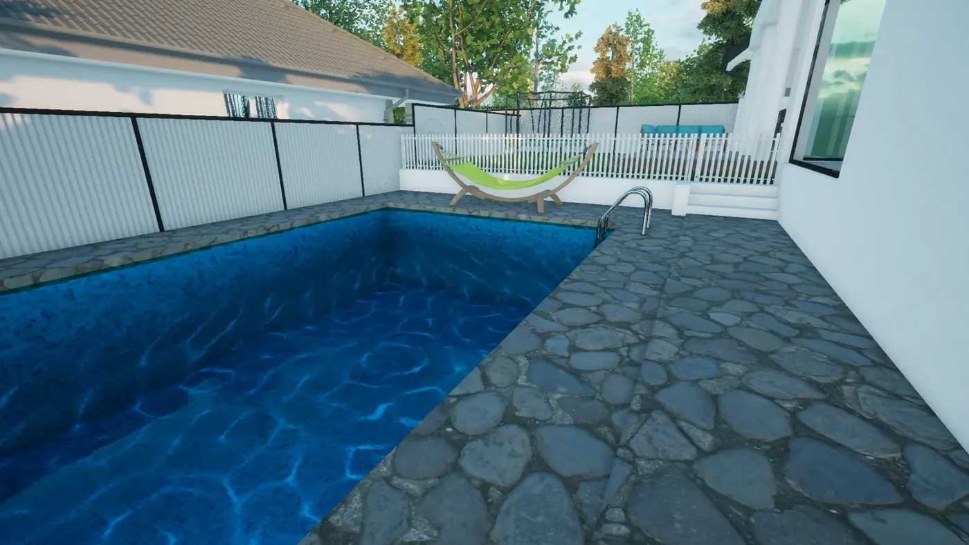 Render 6 of 8: white contemporary house with planted terraces, glazed stair tower and rear pool, Blakehurst