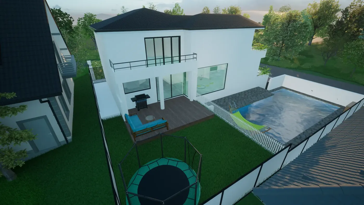 Render 7 of 8: white contemporary house with planted terraces, glazed stair tower and rear pool, Blakehurst