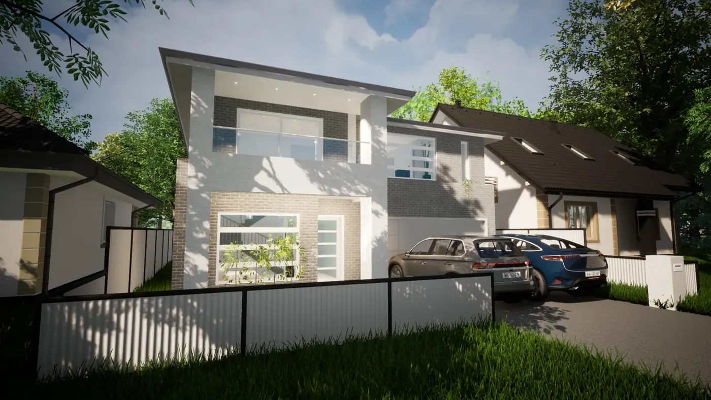 Render 1 of 5: two-storey house with open-plan interior and secondary dwelling, Bradbury