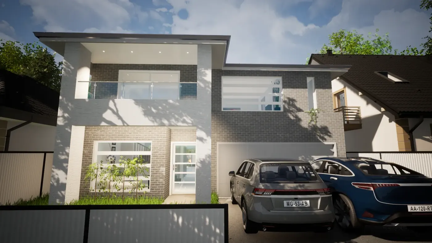 Render 2 of 5: two-storey house with open-plan interior and secondary dwelling, Bradbury