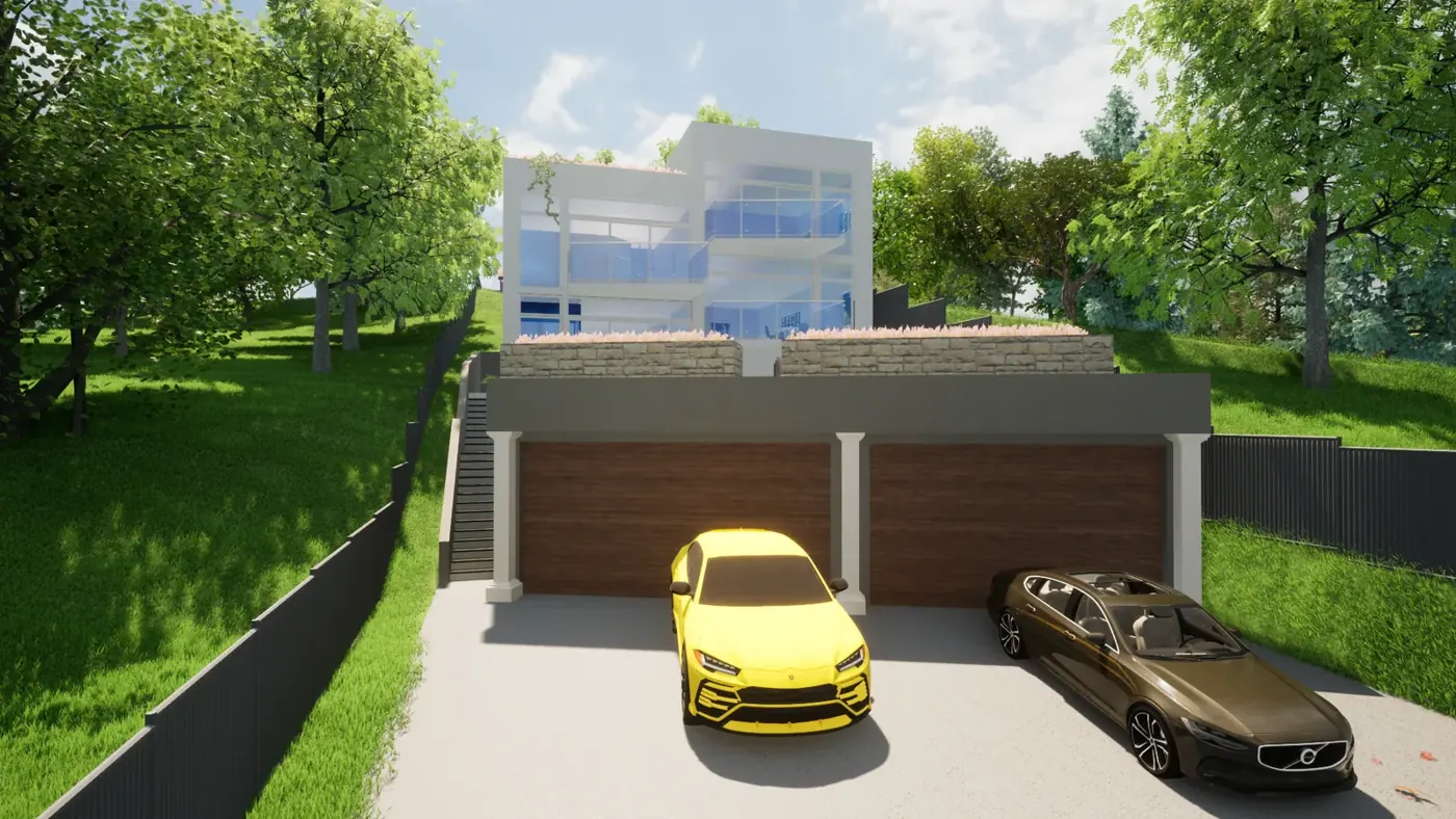 Render 1 of 6: three-storey house on a steep site over a double garage with pool, Casula