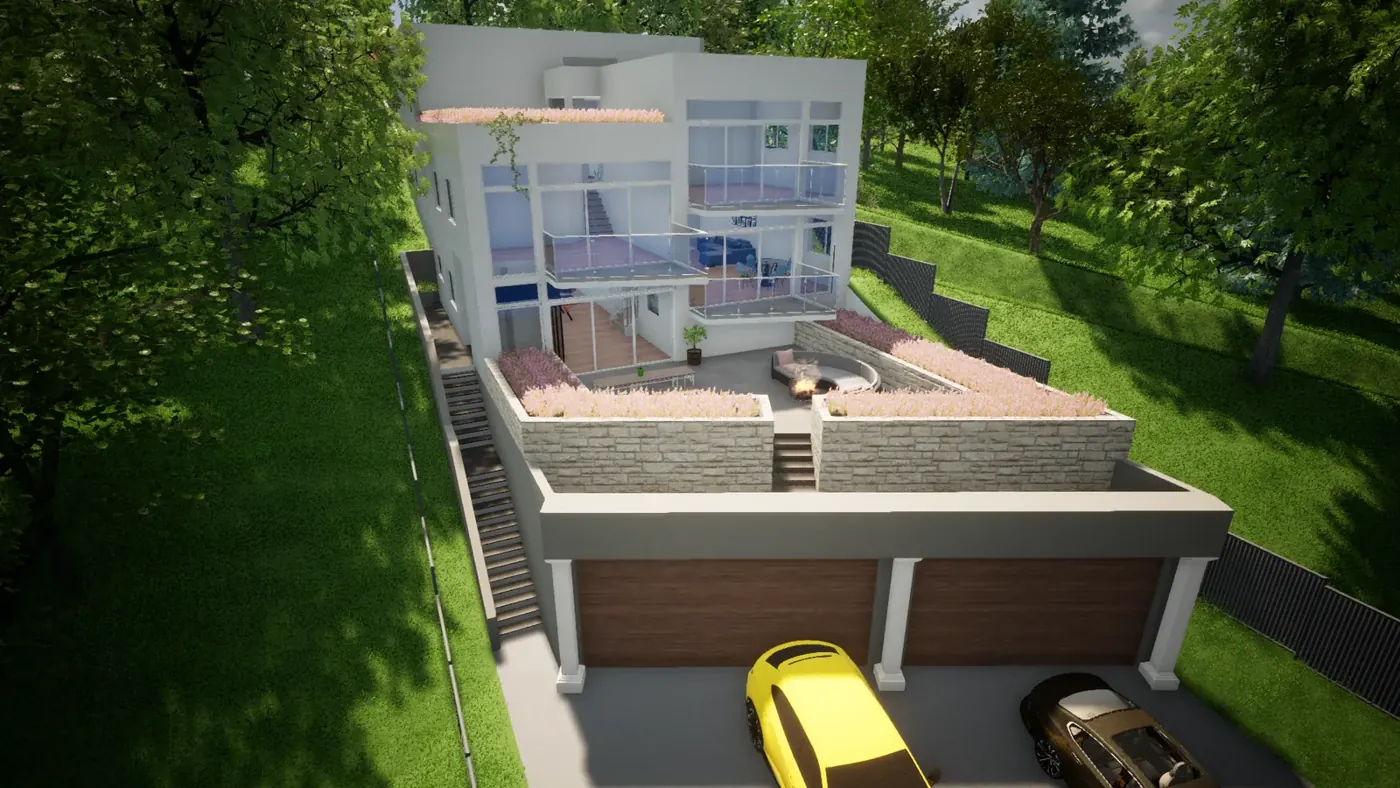 Render 2 of 6: three-storey house on a steep site over a double garage with pool, Casula