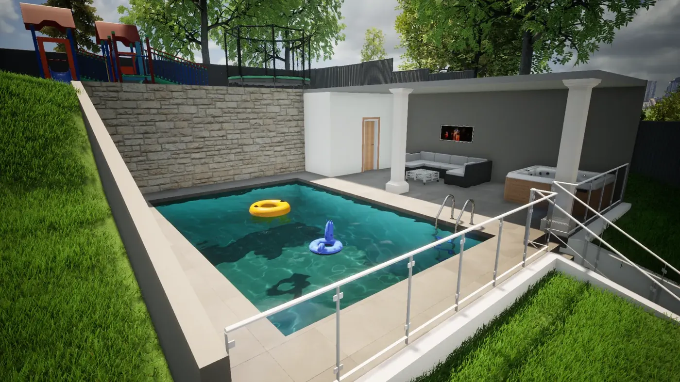 Render 3 of 6: three-storey house on a steep site over a double garage with pool, Casula