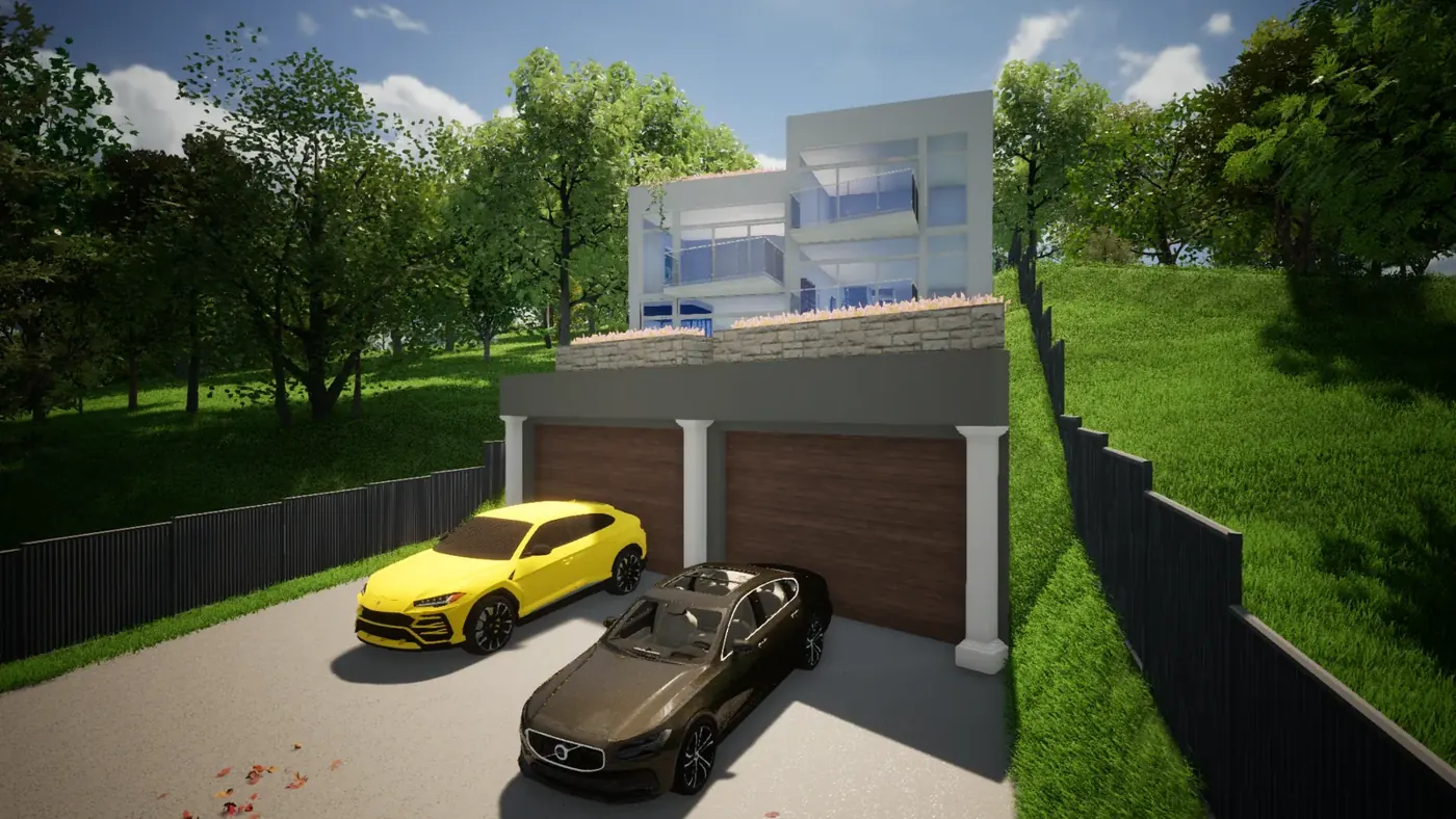Render 4 of 6: three-storey house on a steep site over a double garage with pool, Casula