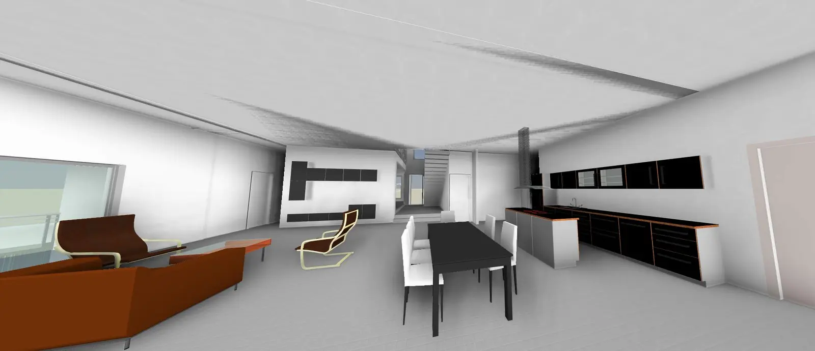 Interior render of an open-plan living, dining and kitchen space with a long joinery wall