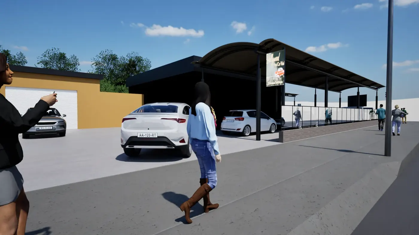 Render 3 of 5: corner hand car wash with curved canopy and landscaped planter, Fairfield Heights