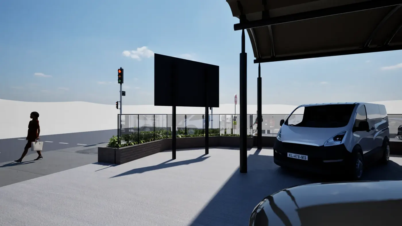 Render 4 of 5: corner hand car wash with curved canopy and landscaped planter, Fairfield Heights