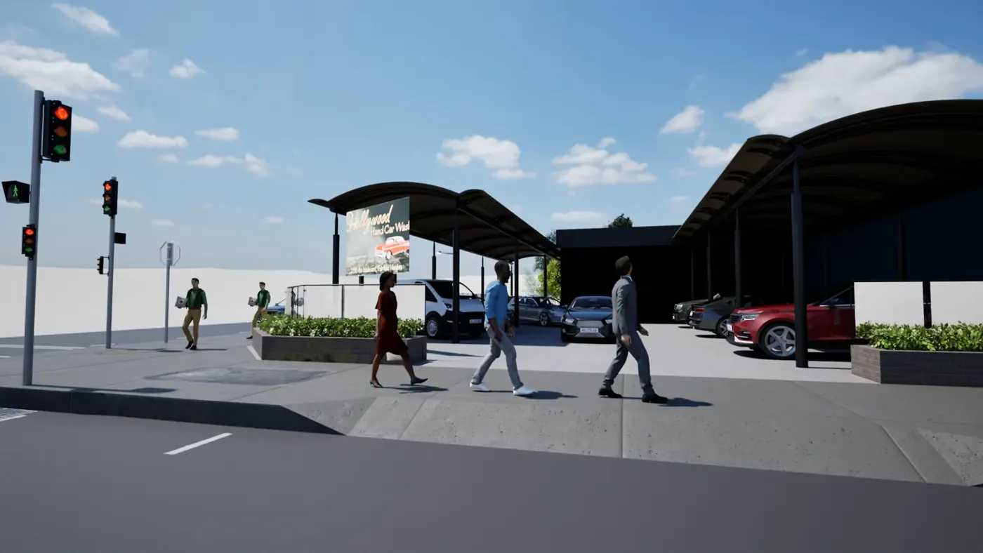 Render 5 of 5: corner hand car wash with curved canopy and landscaped planter, Fairfield Heights