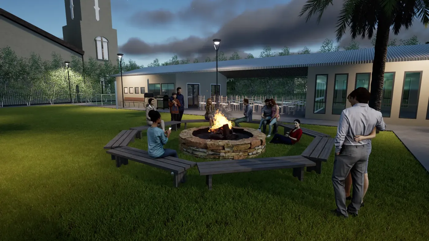 Render 1 of 7: community grounds with hall, play area, fire pit and covered outdoor dining at dusk, Fiji