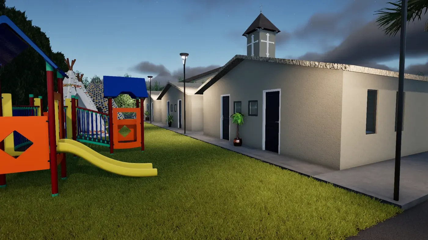 Render 2 of 7: community grounds with hall, play area, fire pit and covered outdoor dining at dusk, Fiji