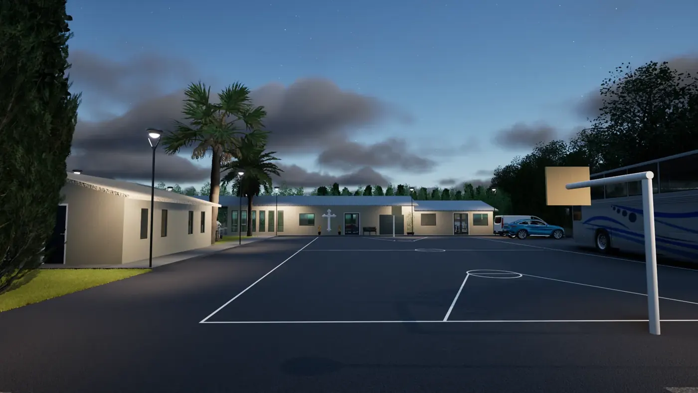 Render 3 of 7: community grounds with hall, play area, fire pit and covered outdoor dining at dusk, Fiji