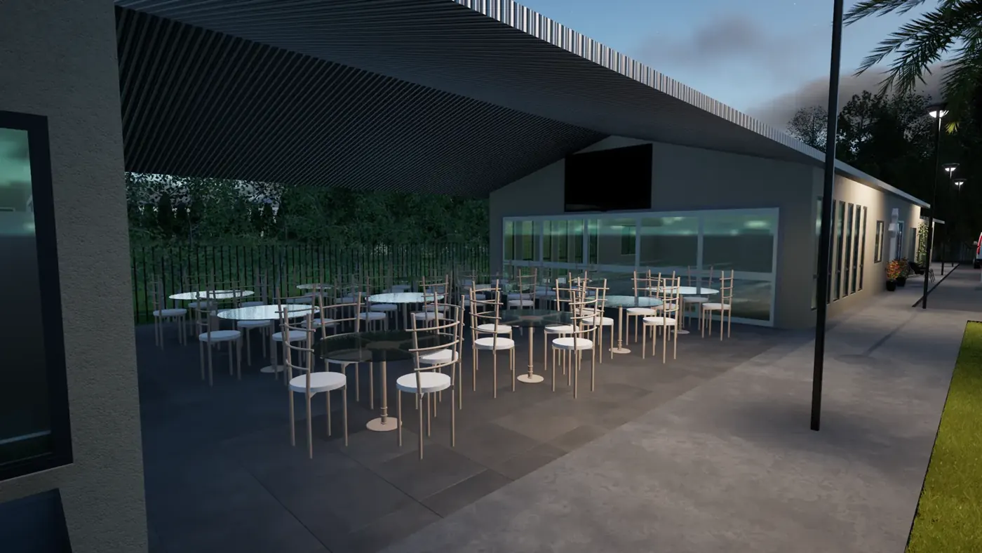 Render 4 of 7: community grounds with hall, play area, fire pit and covered outdoor dining at dusk, Fiji