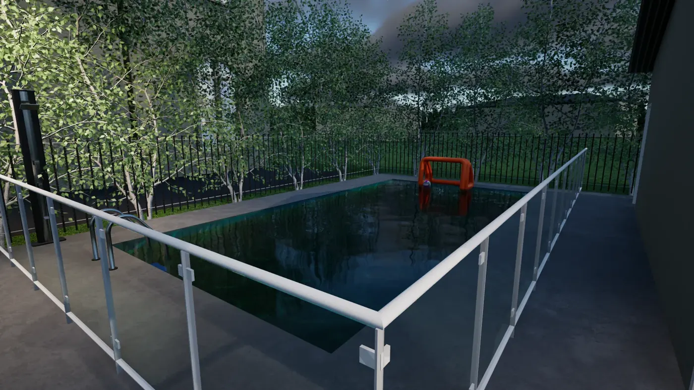 Render 5 of 7: community grounds with hall, play area, fire pit and covered outdoor dining at dusk, Fiji