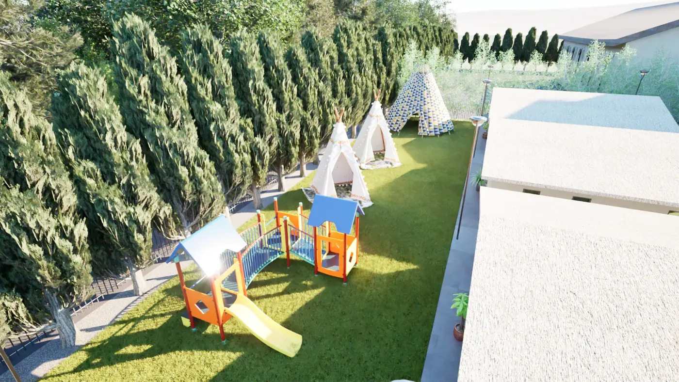 Render 6 of 7: community grounds with hall, play area, fire pit and covered outdoor dining at dusk, Fiji
