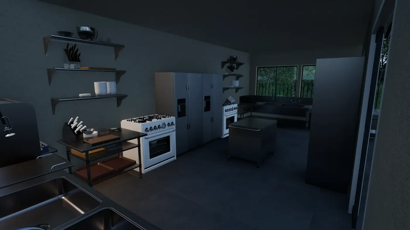Render 7 of 7: community grounds with hall, play area, fire pit and covered outdoor dining at dusk, Fiji