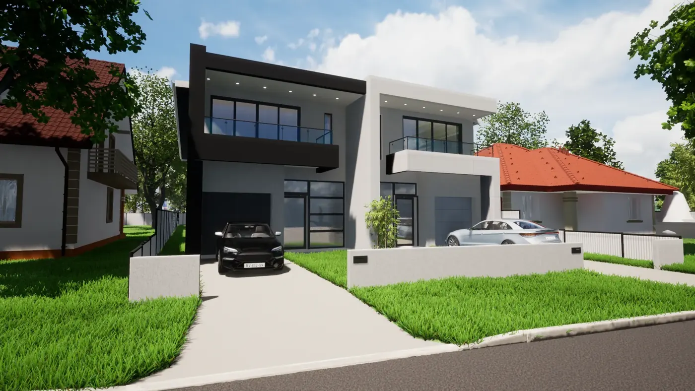 Render 1 of 5: contemporary two-storey duplex in dark and pale render, Greystanes