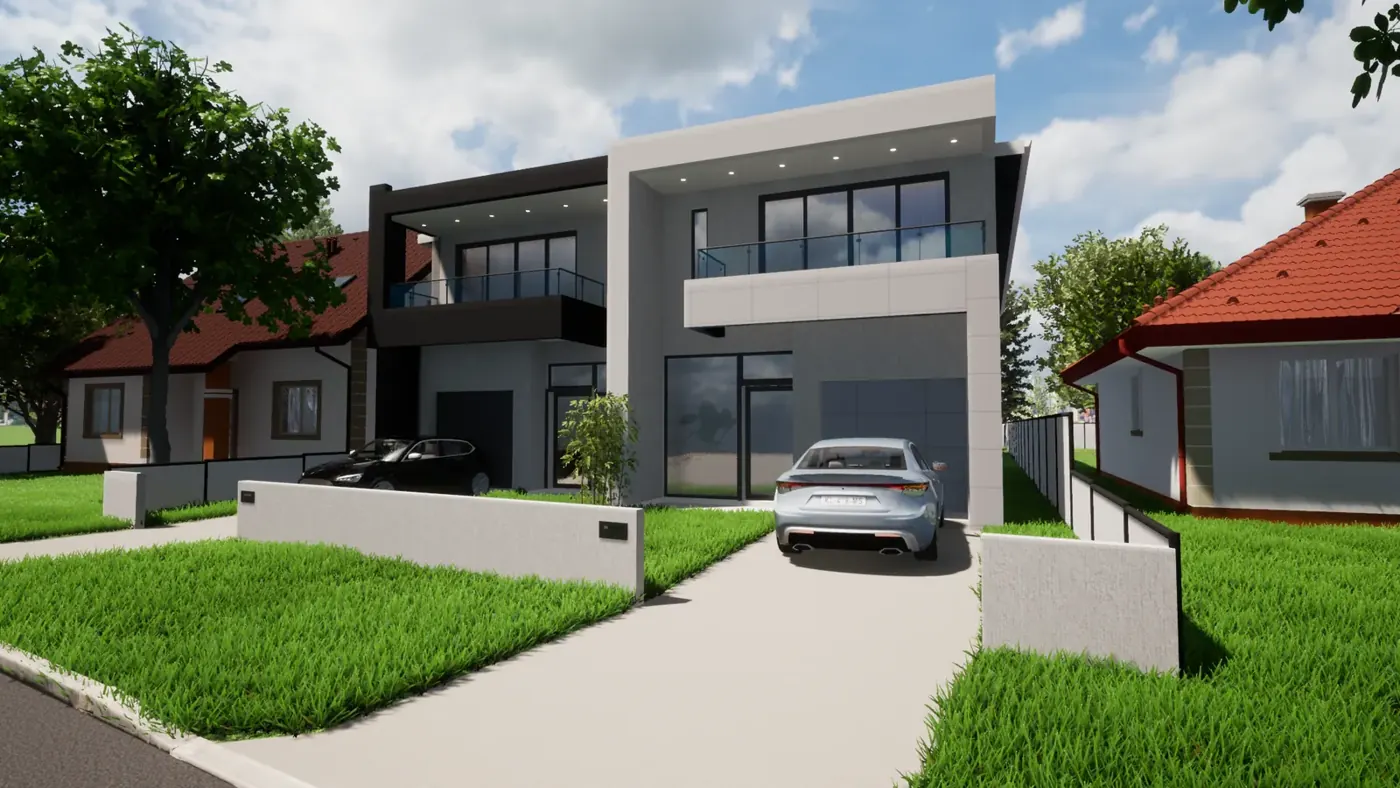 Render 2 of 5: contemporary two-storey duplex in dark and pale render, Greystanes