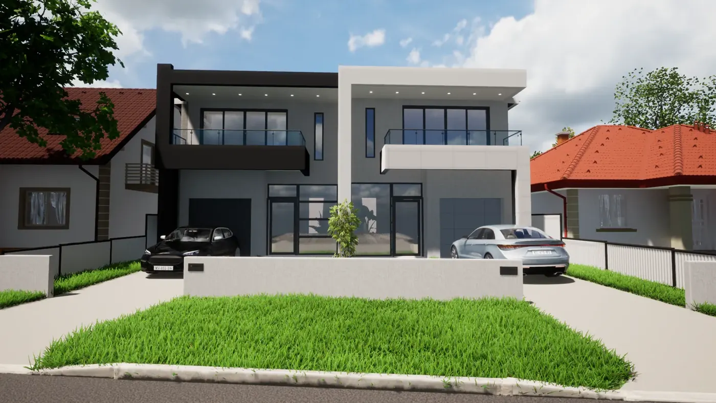 Render 3 of 5: contemporary two-storey duplex in dark and pale render, Greystanes