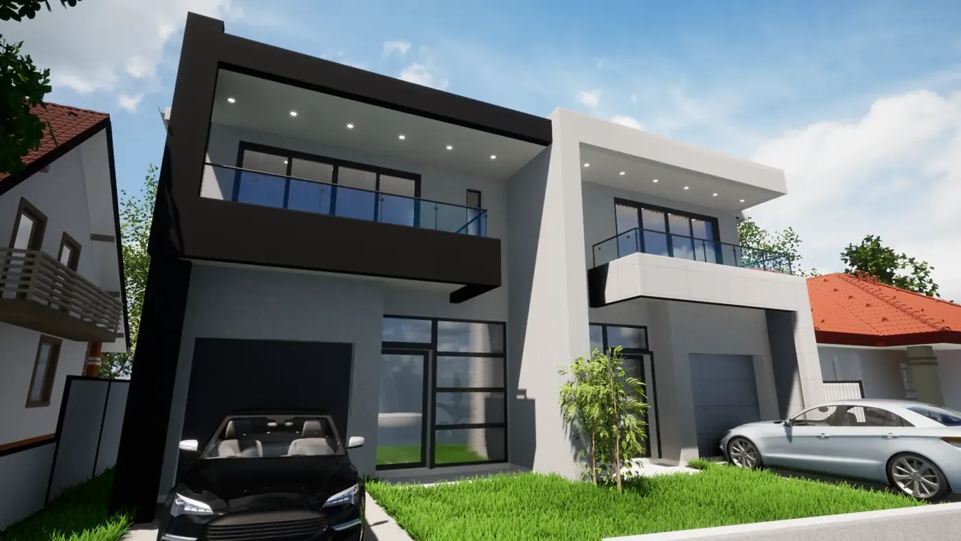 Render 4 of 5: contemporary two-storey duplex in dark and pale render, Greystanes