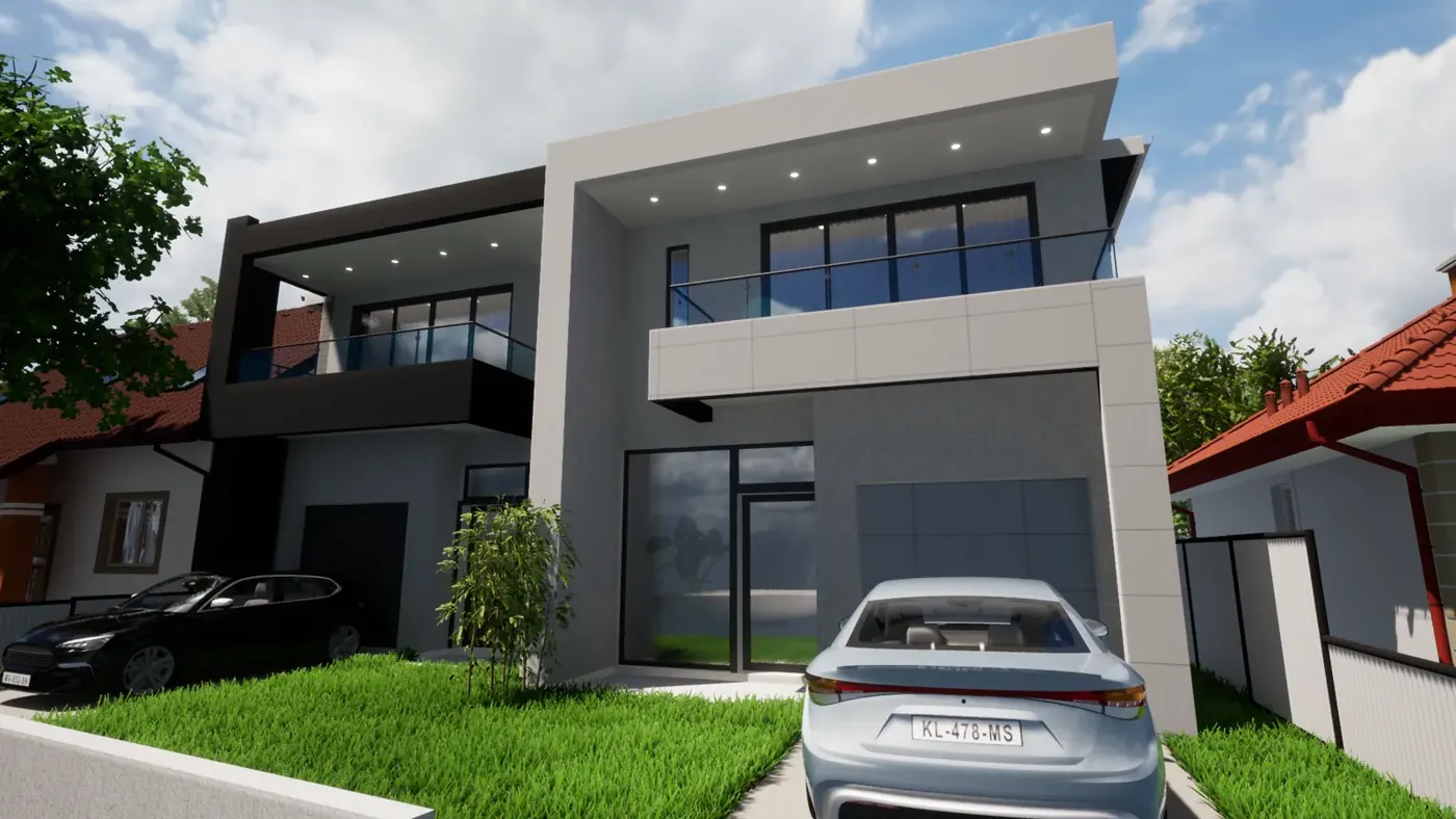 Render 5 of 5: contemporary two-storey duplex in dark and pale render, Greystanes