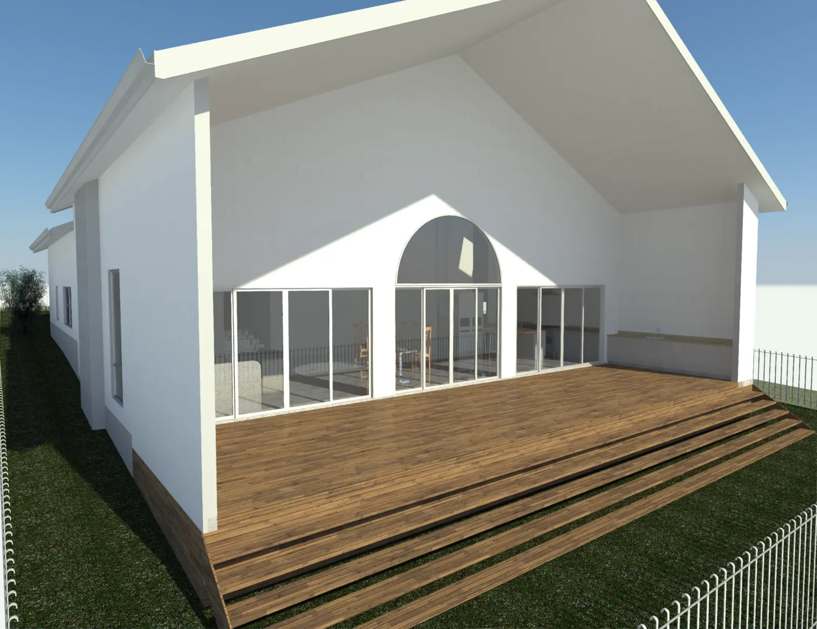 3D render of a gabled home with a full-height arched window wall opening onto a wide timber deck