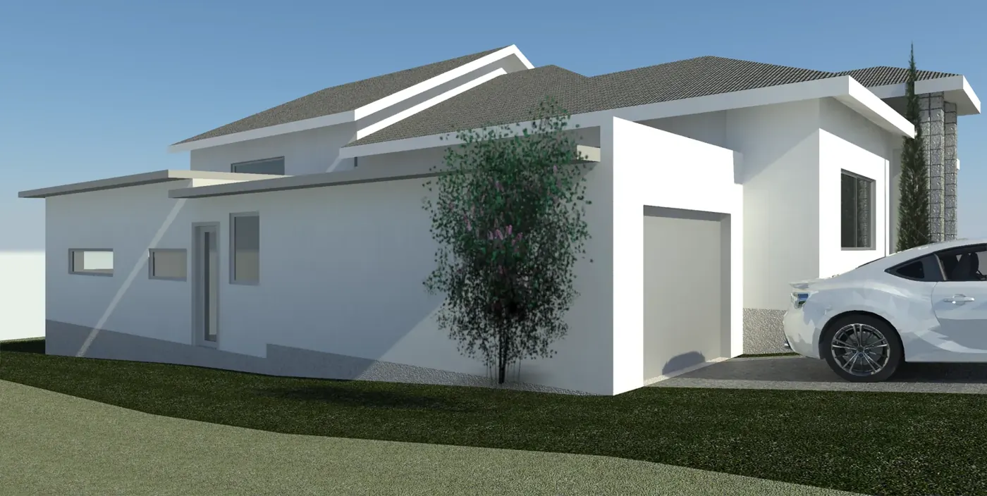 Render 1 of 4: single-storey house extension with sliding glass doors and timber deck, Gymea