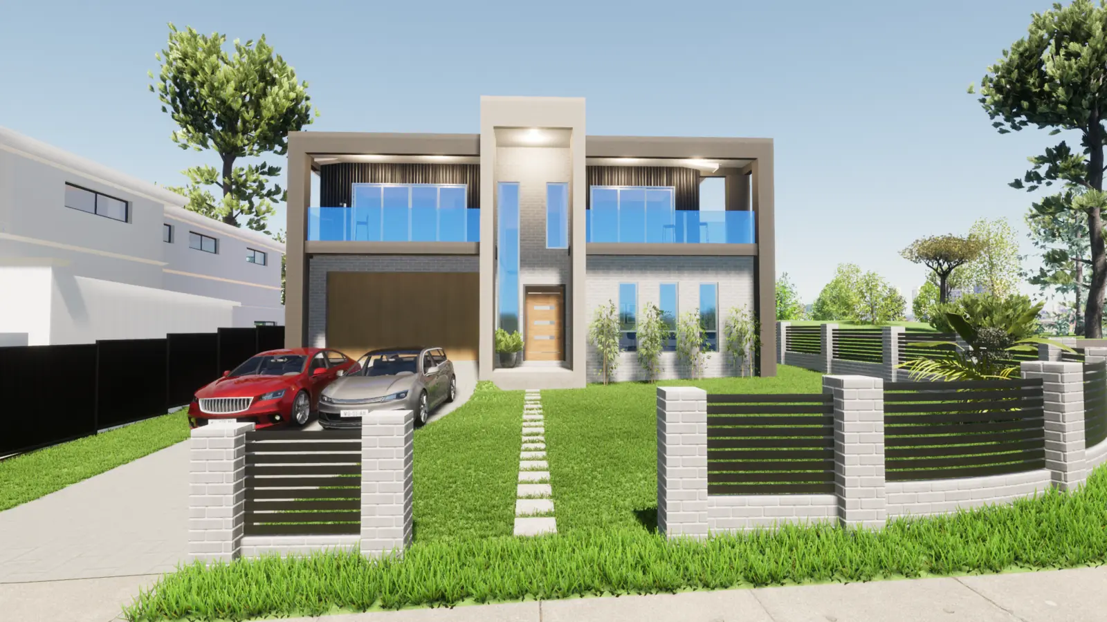 3D render of a modern two-storey home with glass balconies, a double garage and a slatted front fence