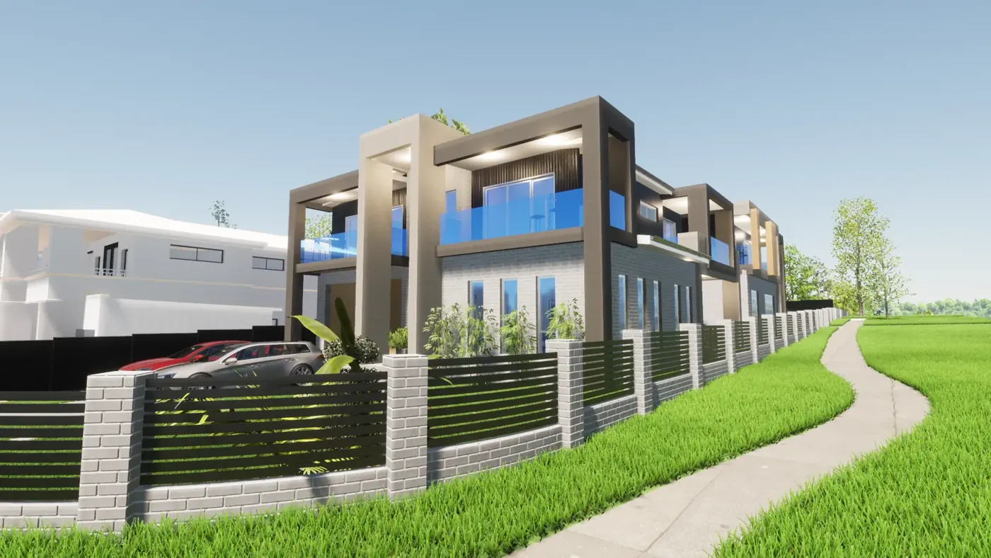 Render 1 of 6: corner duplex with glass balconies and battened fence, Miranda