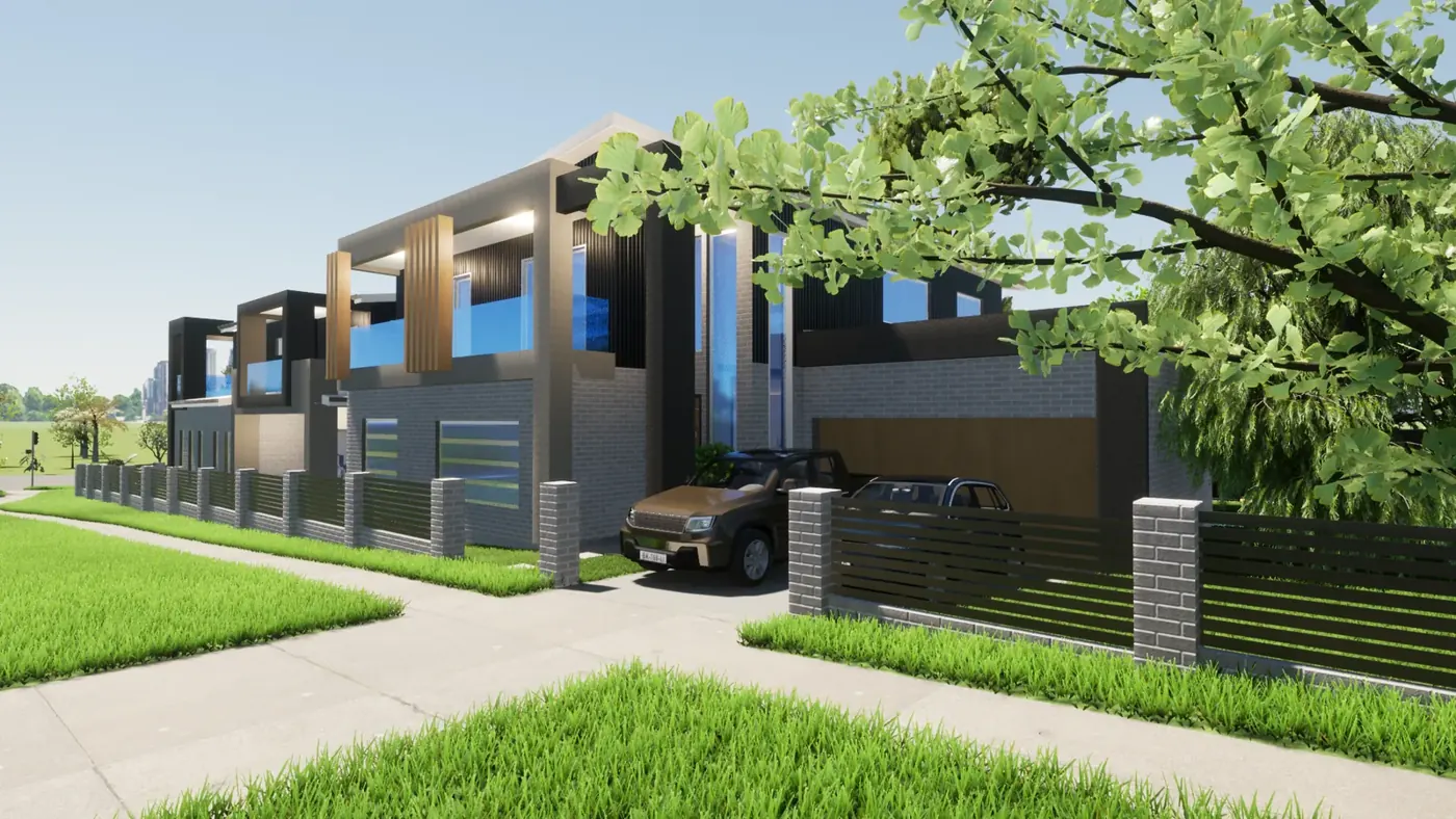 Render 2 of 6: corner duplex with glass balconies and battened fence, Miranda