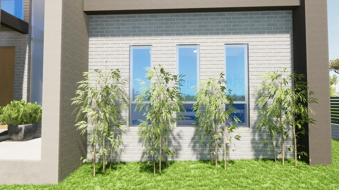 Render 3 of 6: corner duplex with glass balconies and battened fence, Miranda