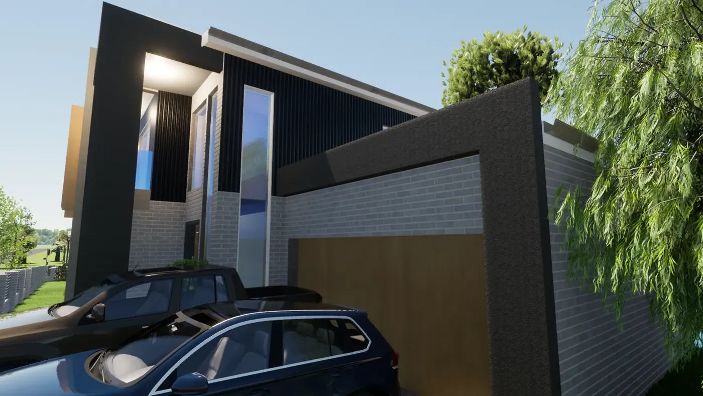 Render 4 of 6: corner duplex with glass balconies and battened fence, Miranda
