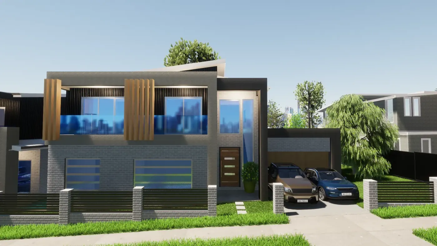 Render 5 of 6: corner duplex with glass balconies and battened fence, Miranda