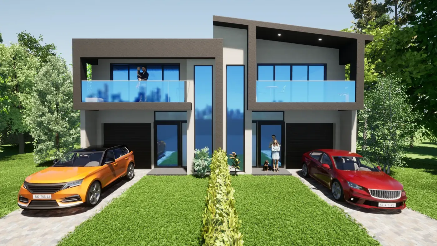Render 1 of 3: two-storey duplex with glass balconies and garages, Miranda