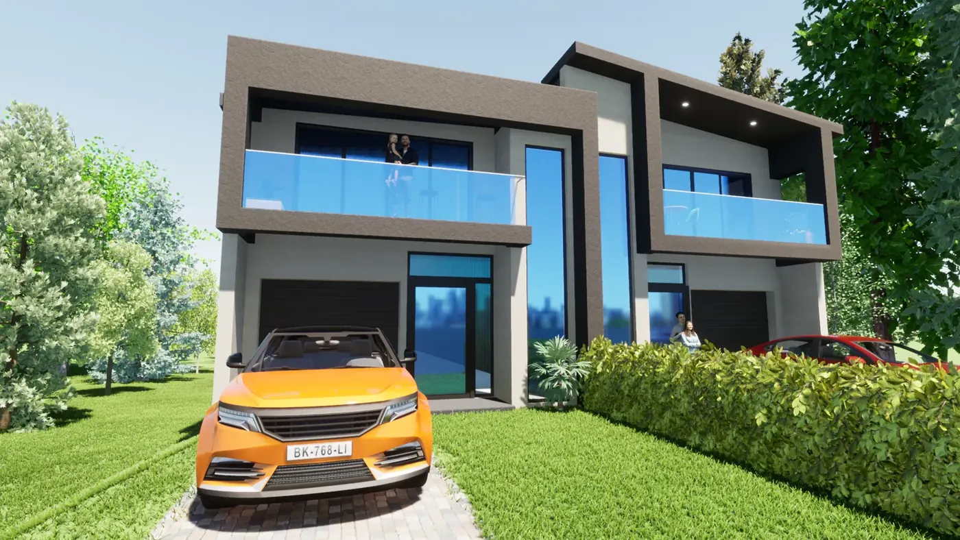 Render 2 of 3: two-storey duplex with glass balconies and garages, Miranda