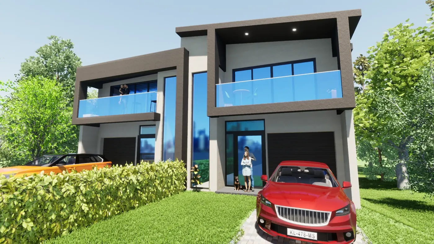 Render 3 of 3: two-storey duplex with glass balconies and garages, Miranda