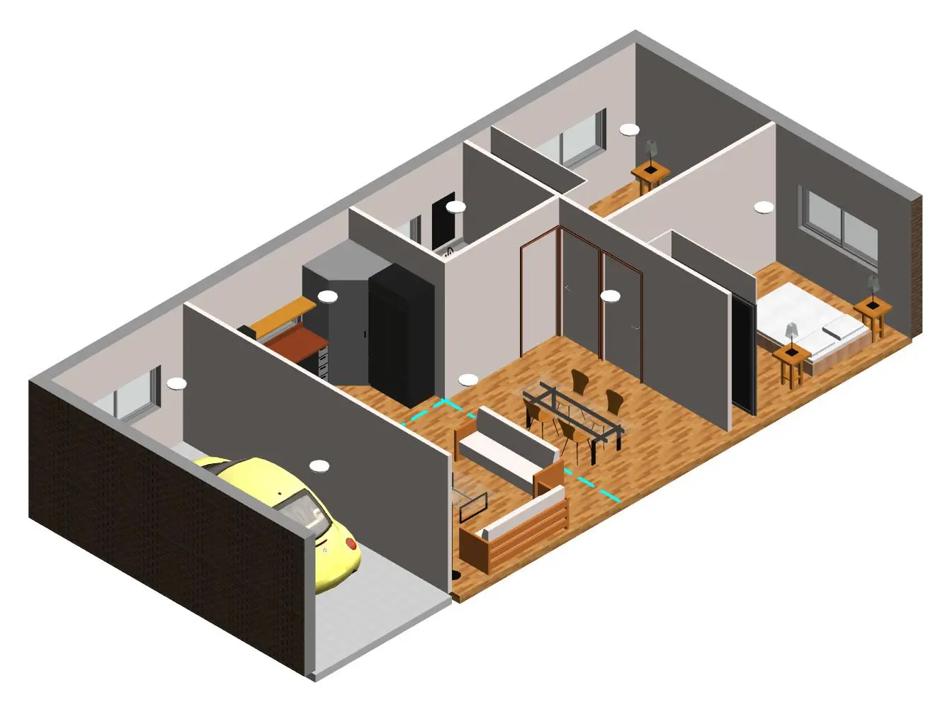 3D cutaway of the Mortdale granny flat showing the furnished layout from the garage end